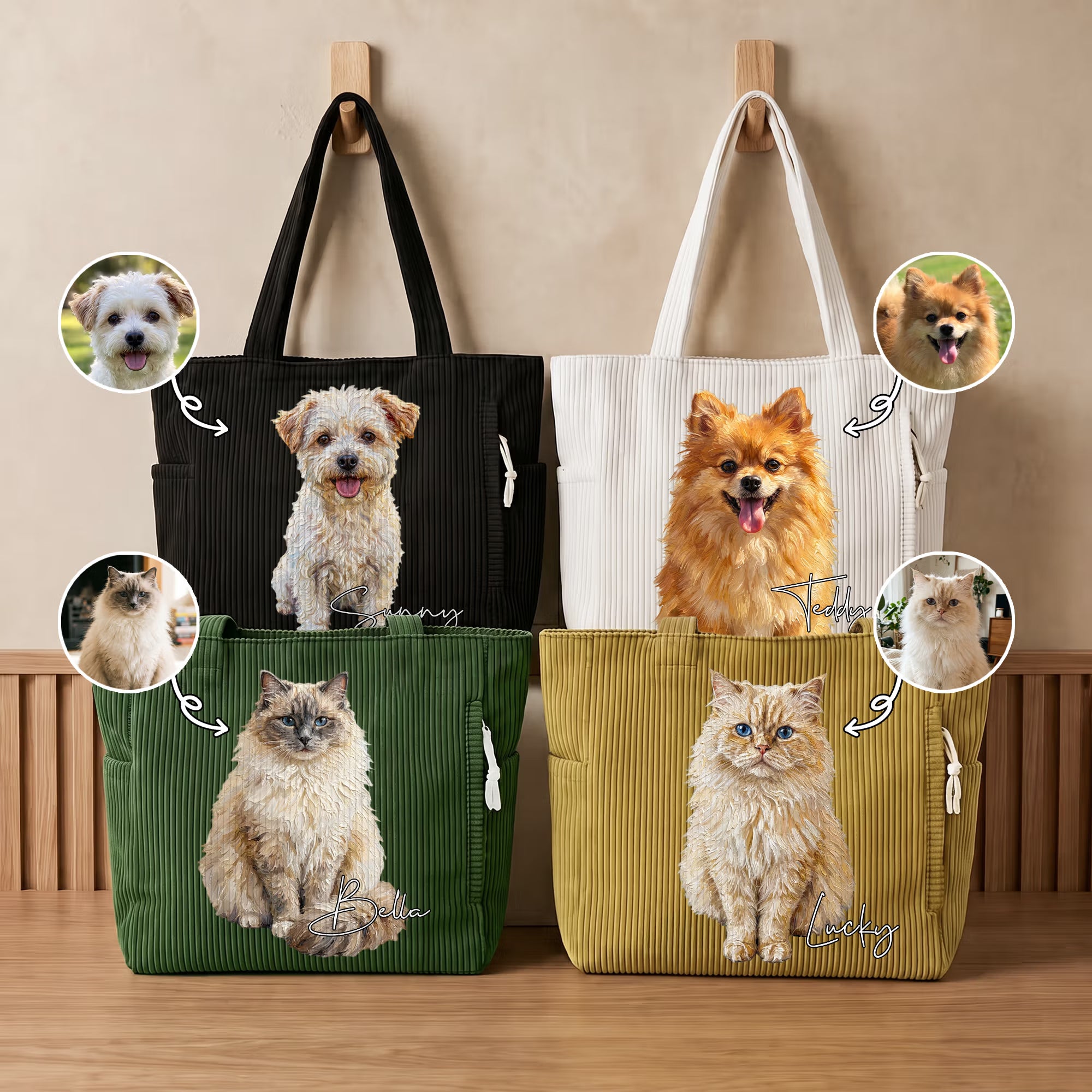 Custom Name & Photo Oil Painting Pet Portrait Corduroy Tote Bag, Large Capacity Zippered Handbag with Pockets, Birthday/Memorial Gift for Pet Parents