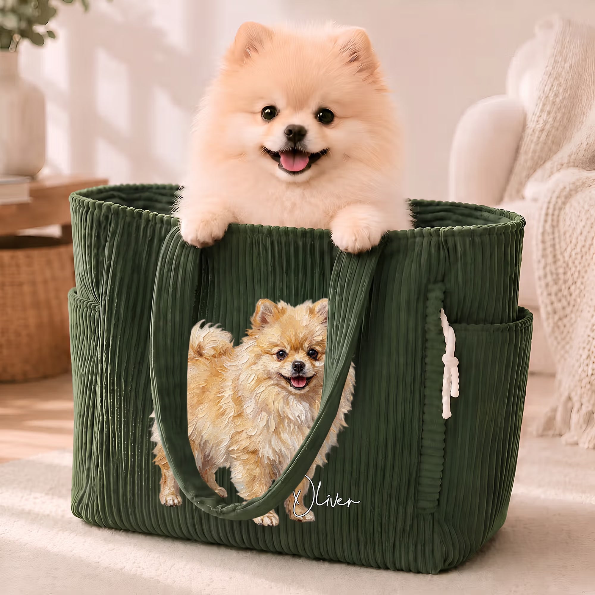 Custom Name & Photo Oil Painting Pet Portrait Corduroy Tote Bag, Large Capacity Zippered Handbag with Pockets, Birthday/Memorial Gift for Pet Parents