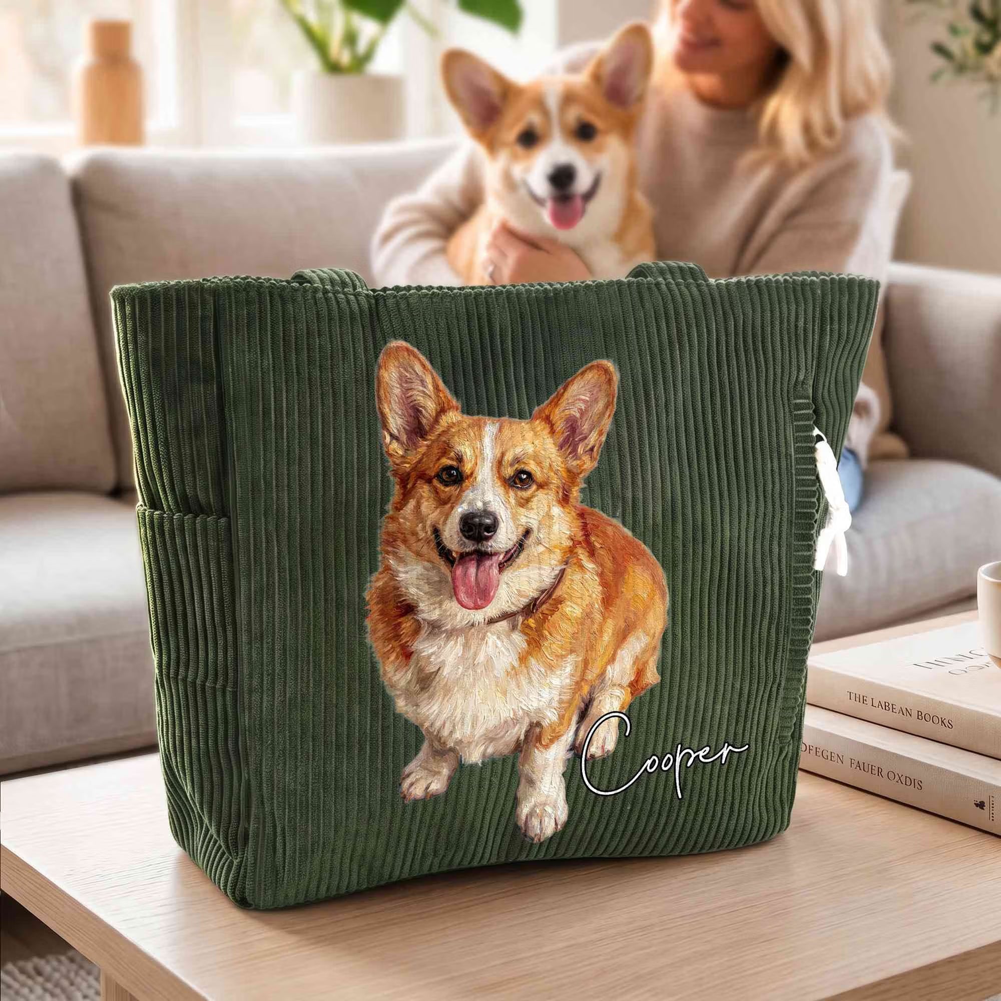 Custom Name & Photo Oil Painting Pet Portrait Corduroy Tote Bag, Large Capacity Zippered Handbag with Pockets, Birthday/Memorial Gift for Pet Parents