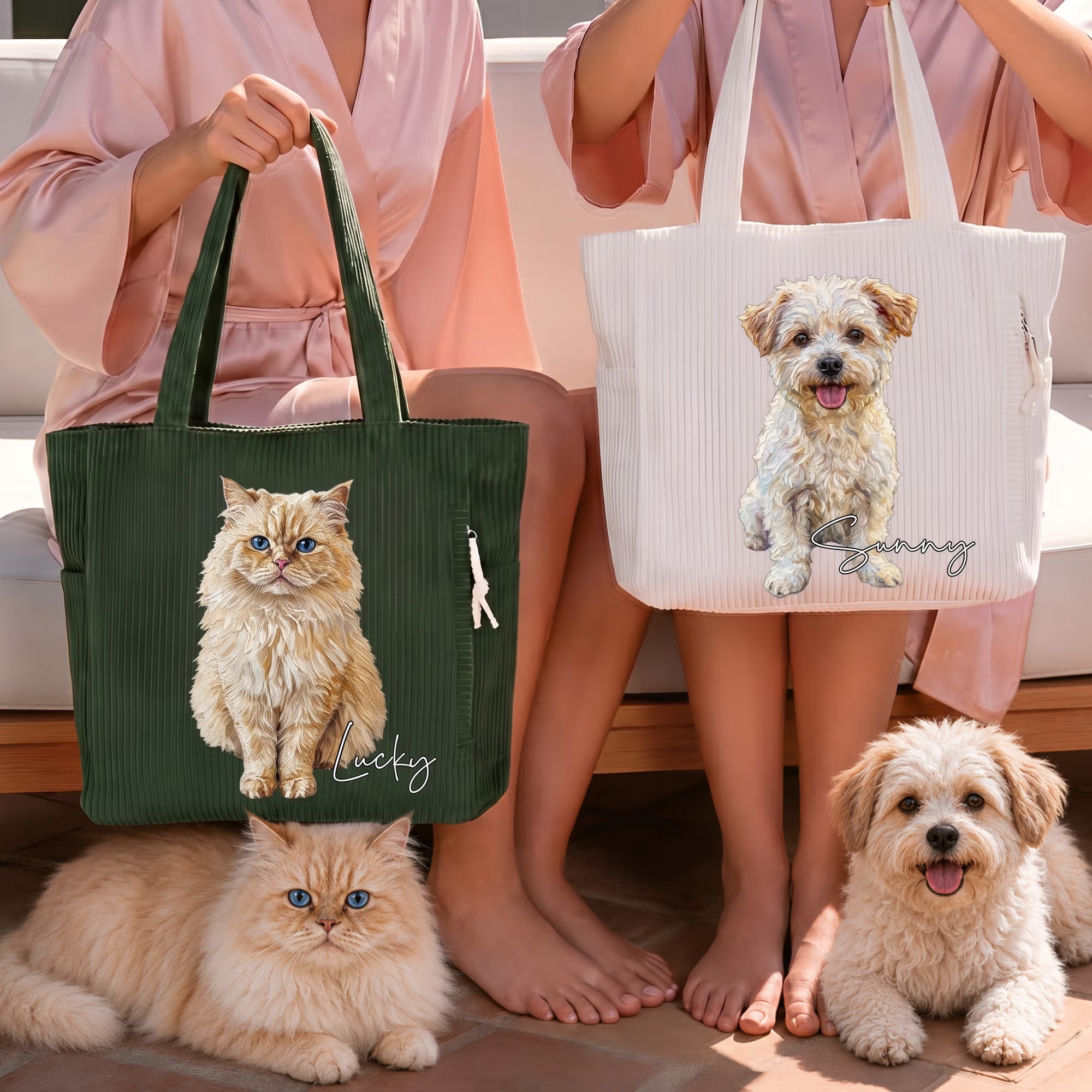 Custom Name & Photo Oil Painting Pet Portrait Corduroy Tote Bag, Large Capacity Zippered Handbag with Pockets, Birthday/Memorial Gift for Pet Parents