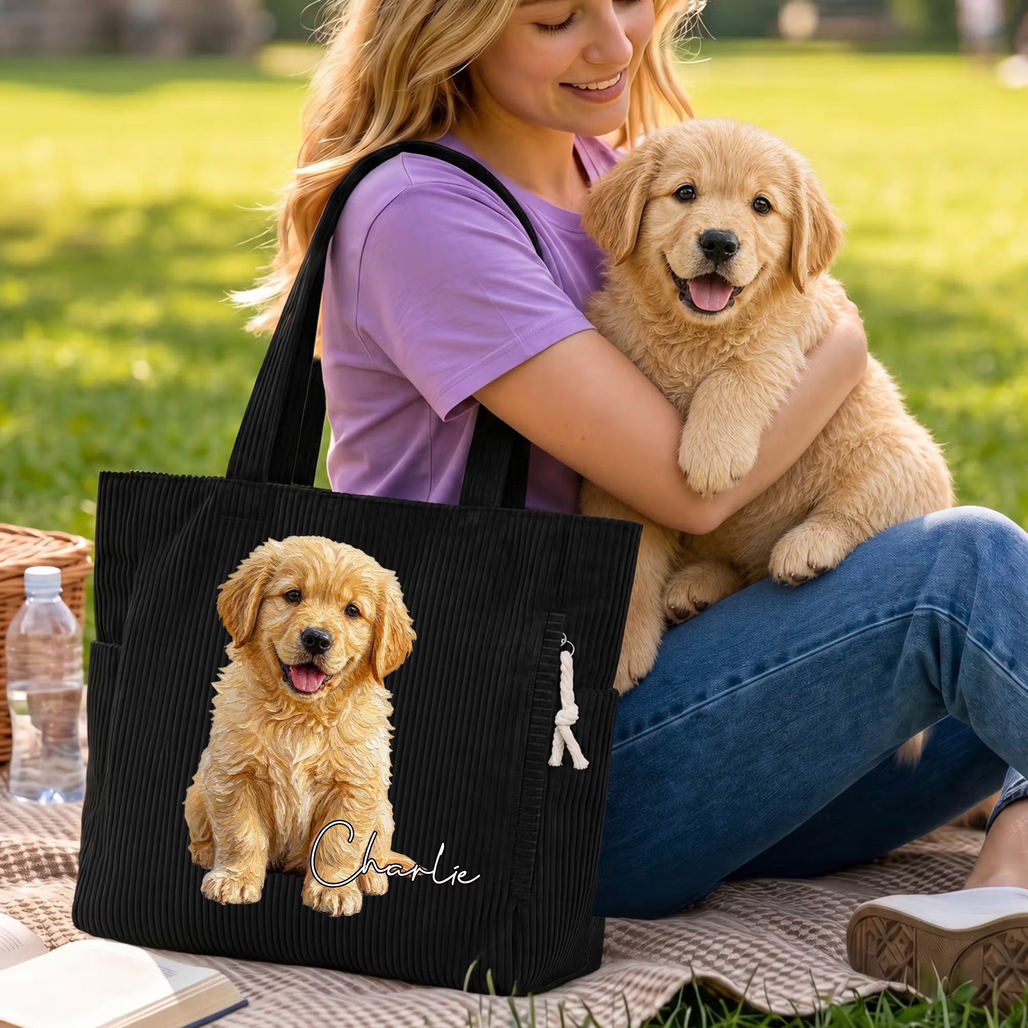 Custom Name & Photo Oil Painting Pet Portrait Corduroy Tote Bag, Large Capacity Zippered Handbag with Pockets, Birthday/Memorial Gift for Pet Parents