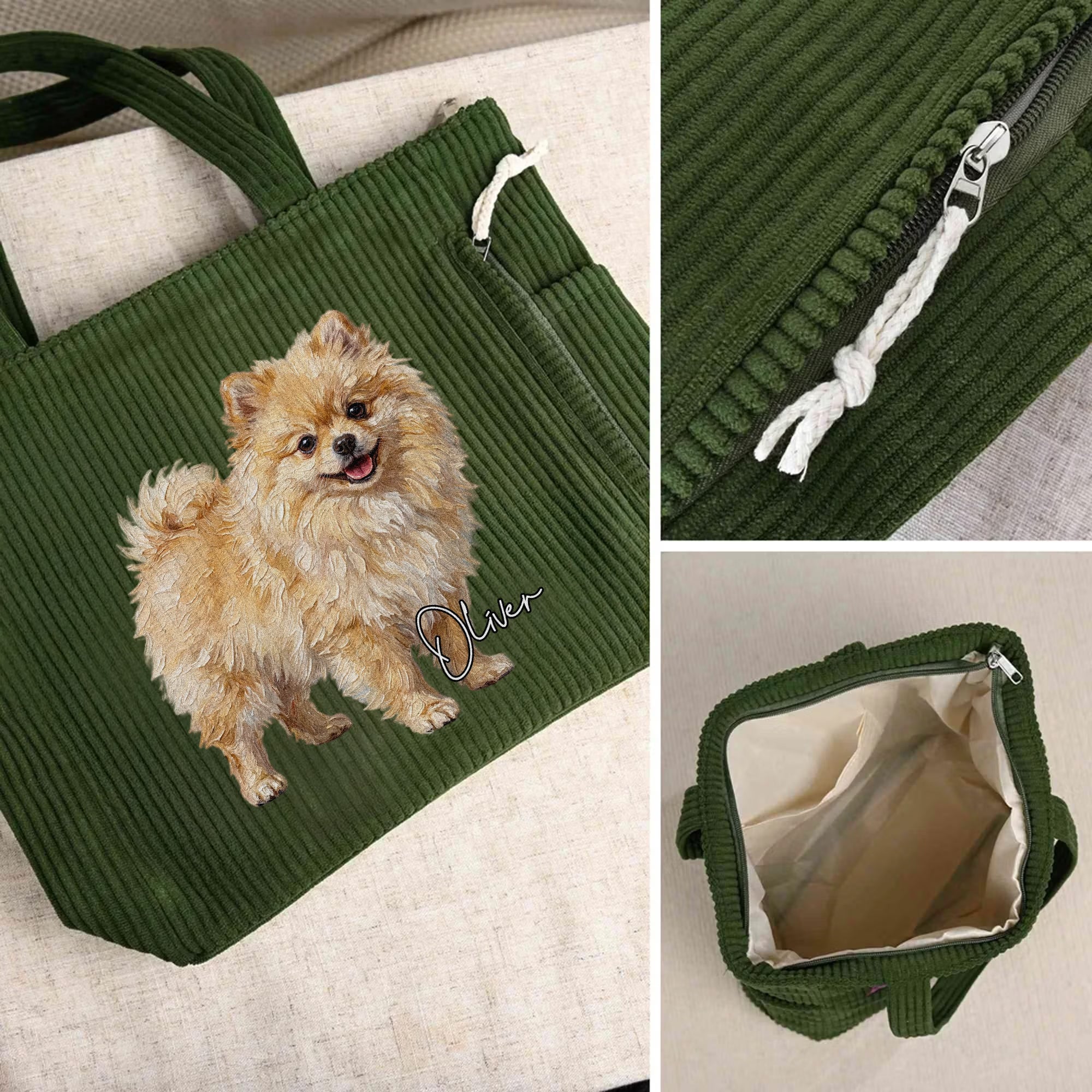 Custom Name & Photo Oil Painting Pet Portrait Corduroy Tote Bag, Large Capacity Zippered Handbag with Pockets, Birthday/Memorial Gift for Pet Parents